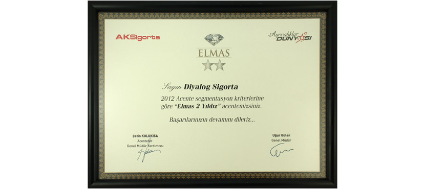 ACENTE SEGMANTASYON KRİTERLERİ : ELMAS 2 YILDIZ ACENTELİĞİ ÖDÜLÜ / 2012